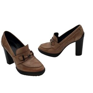 Tod's Brown Leather Platform Loafer Heels Womens 7.5 EU 37.5 Italy